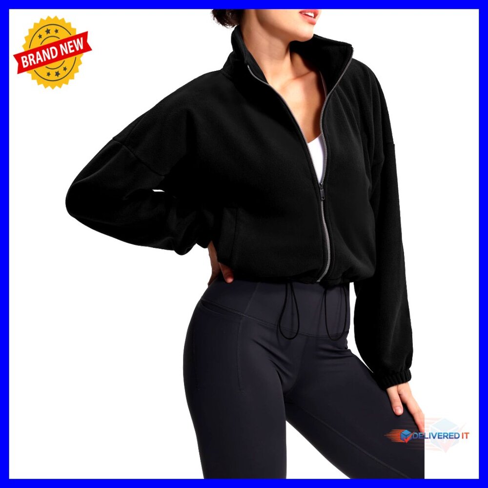 Fleece Cropped Jacket Full Zip Stand Collar Workout Sherpa Coat With Pockets